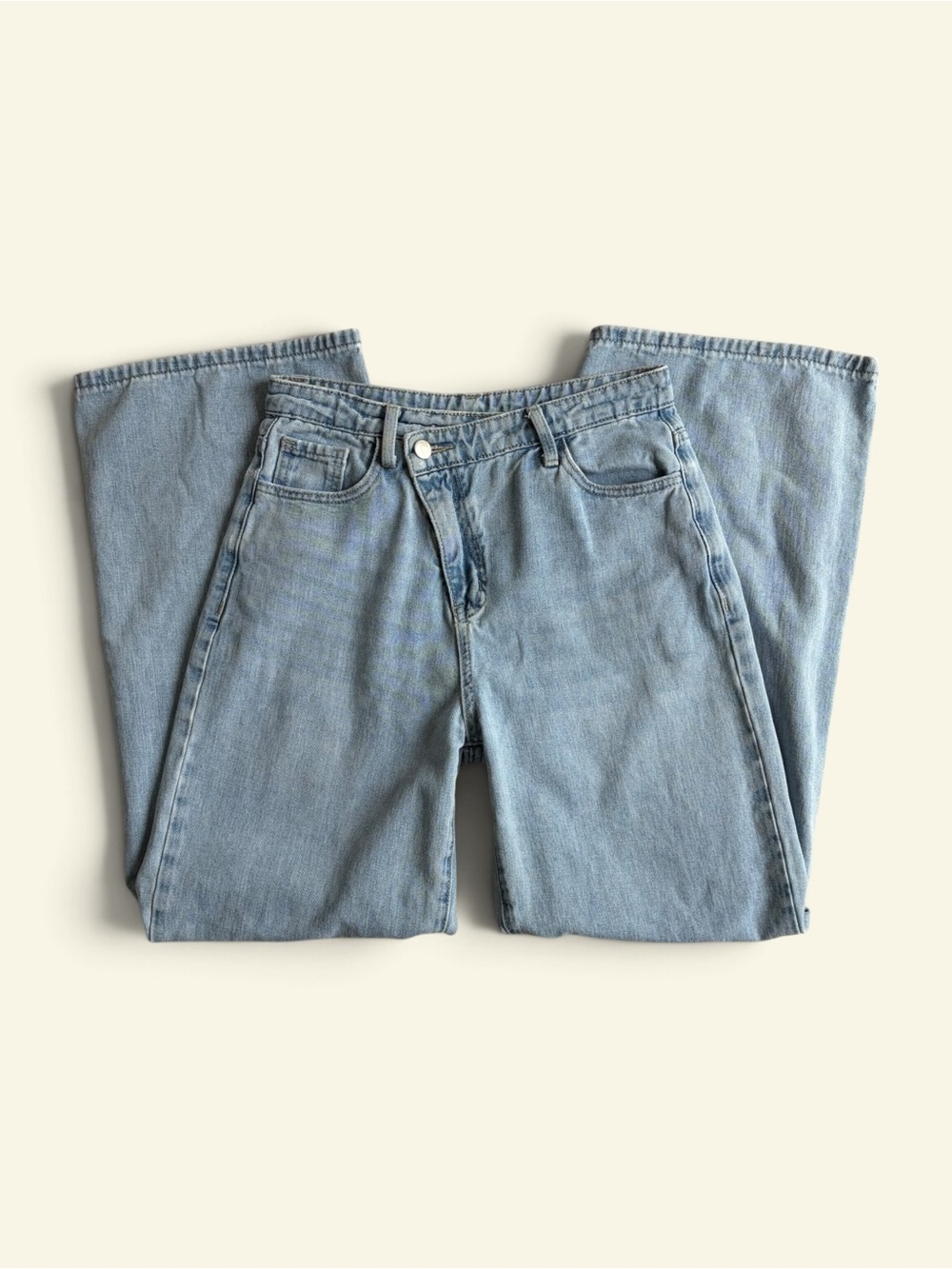 HDLTE High Waisted Crossover Asymmetric Wide Leg Baggy Jeans Light Wash Size S